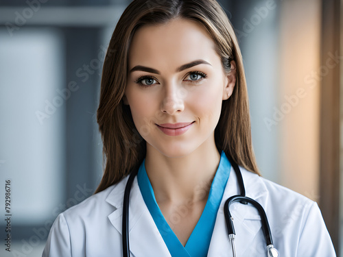 Portrait of a female doctor, in the background of a hospital, with backgrounds in healthcare, biotechnology, and nutrition