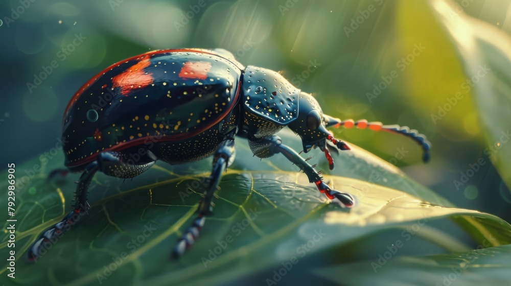 Close-up of a beetle crawling along the surface of a leaf, its shiny exoskeleton gleaming Close-up of a beetle crawling along the surface of a leaf, its shiny exoskeleton gleaming