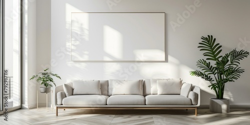 Salon minimaliste avec canap   et cadre vierge sur le mur  sol en bois  couleur blanche  lumi  re naturelle provenant de la fen  tre  plante dans le coin  d  coration d int  rieur   l  gante.