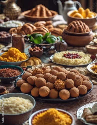 Various Foods on the Table in Eid al-Fitr Celebration for Eid al-Fitr Background © Shani Awan