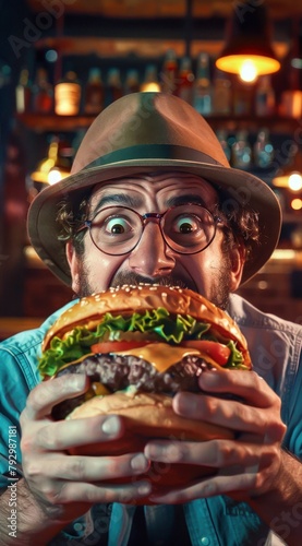 Un homme avec des lunettes tenant un hamburger dans ses mains, expression joyeuse sur le visage, avec un restaurant de fast-food en arrière-plan. photo