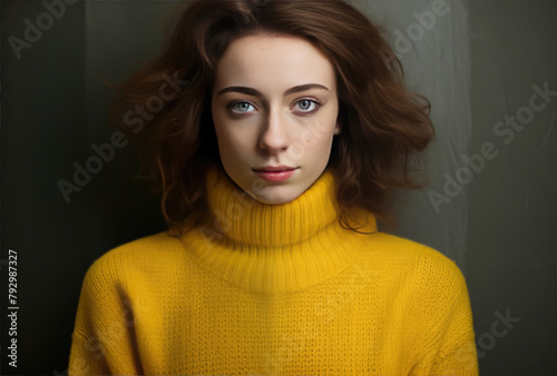 Woman in yellow turtleneck with a contemplative gaze. © Sascha