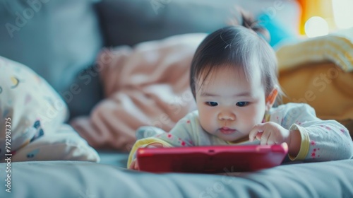 Baby Playing With Red Tablet on Bed