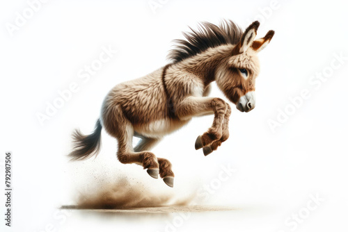 donkey isolated on white jumping, motion move animal isolated on white background