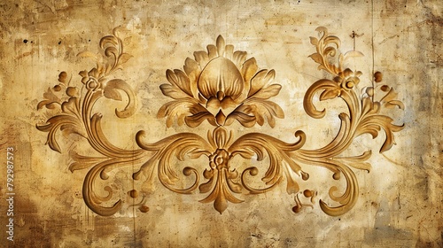 The image is a sepia toned background with a floral pattern border. photo