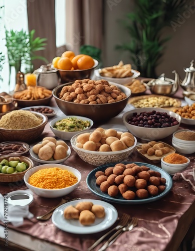 Various Foods on the Table in Eid al-Fitr Celebration for Eid al-Fitr Background © Shani Awan