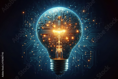 Glowing light bulb with circuit board inside on dark blue background