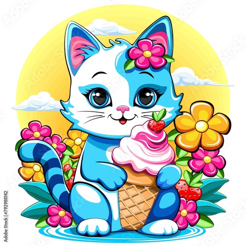 Kitty Cat Cute and happy Summer Cartoon Character with ice cream flowers and Strawberries illustration isolated on white.  (ID: 792988142)