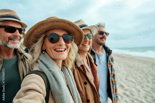 summer, holidays, travel, tourism and people concept - group of smiling friends walking along beach © Inigo