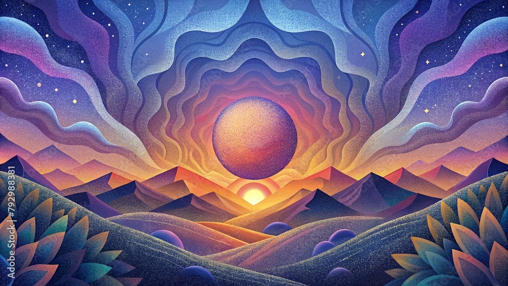 Obraz premium Abstract fractal Fantasy planet, wavy futuristic space background. particle sphere, science background, planet, sunrise mountain, Glows and particles graphic design, wallpaper