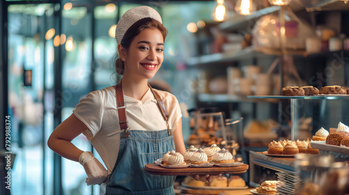A cheerful pastry chef in a bakery, showcasing gourmet desserts