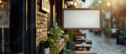 Empty wall sign board mockup at the city street. Template, banner for street store, cafe, cofeeshop, restaurant, branding. Facade exterior with billboard. Generative ai photo