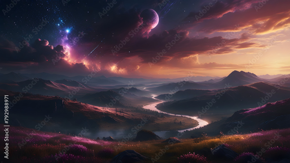 Gorgeous Twilight Fantasy Landscape with Starry Sky