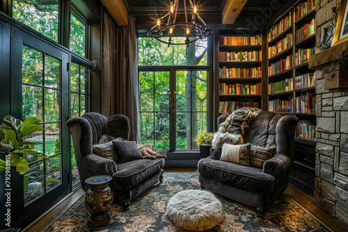 Cozy reading nook with plush armchairs and a floor-to-ceiling bookshelf filled with novels.