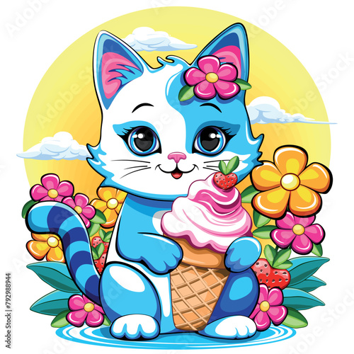 Kitty Cat Cute and happy Summer Cartoon Character with ice cream flowers and Strawberries vector illustration isolated on white. © BluedarkArt TheChameleonArt © BluedarkArt