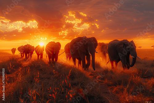 A herd of elephants gracefully walked across the savannah at sunset. Created with Ai © Artistic Assets