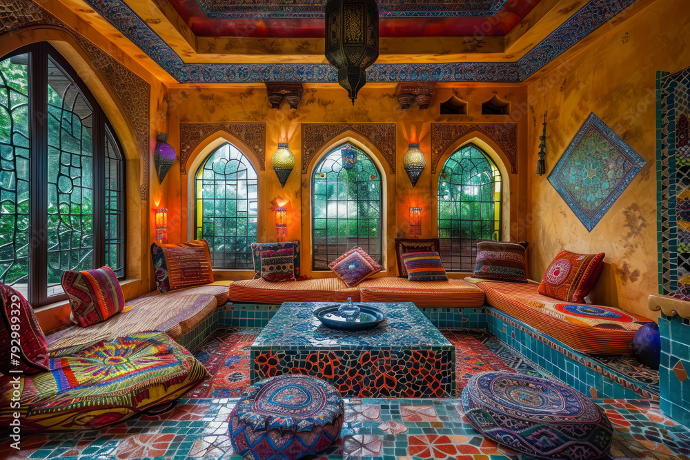 Obraz premium Moroccan living room with vibrant colors, intricate tile work.
