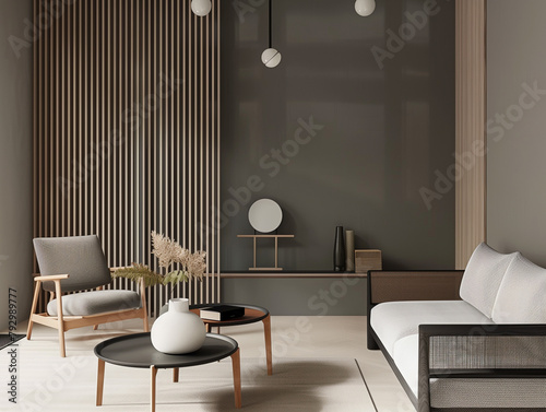 A modern living room in dark wood tones, grey and white photo