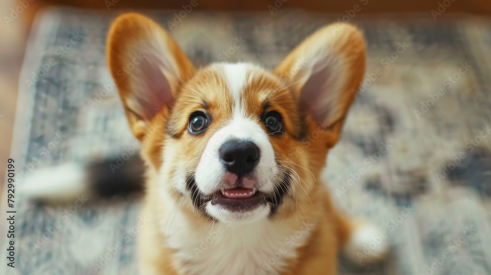 Cute corgi puppy looking up with an endearing smile, melting hearts instantly