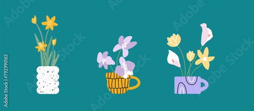 Set of flower arrangement in cups. Spring or summer flowers growing in ceramic crockery. Daffodil, orchid, callas vector illustration. Trendy home interior bouquet, floral design, bunch in vase or pot