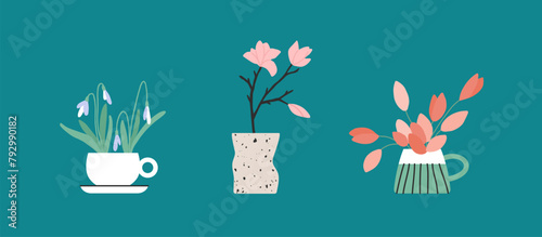 Set of flower arrangement growing in tea cup, vase, pot. Spring or summer flowers. Tulips, snowdrops, rose, magnolia vector illustration. Trendy home interior bouquet, houseplant, floral bunch design