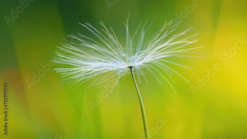 Dandelion seed head against a blurred background.