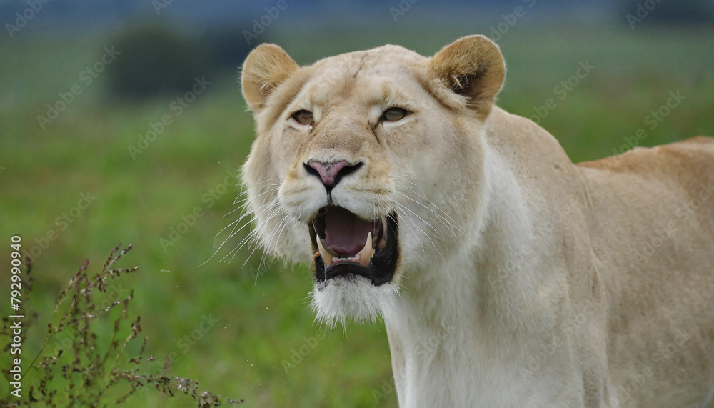 Lioness displays dangerous teeth during light Lioness displays dangerous teeth during light