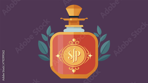 An elegant perfume bottle adorned with the initials of its owner displayed prominently on a vanity as a prized possession..