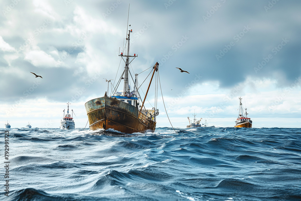 A fleet of rusty and run down fishing boats in the middle of the ocean