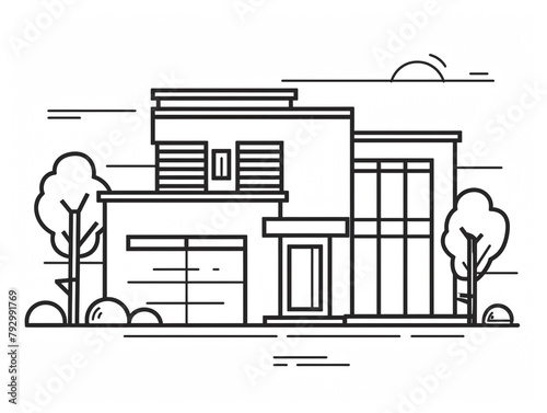 Outline icon of façade of modern house. Two floors with white background. photo