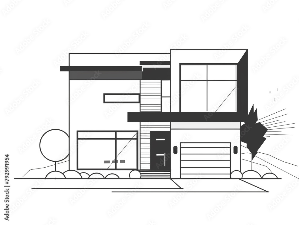 Fototapeta premium Outline icon of façade of modern house. Two floors with white background.