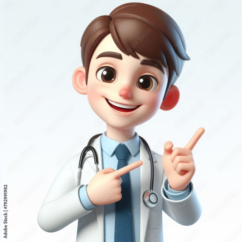 Fototapeta premium 3D cartoon Happy smiling doctor character man showing pointing finger standing confident on white background