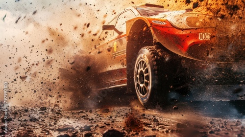 Exciting moment as rally cars kick up dirt while racing through rugged terrain