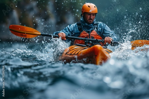 A man in a yellow life jacket paddles a kayak in the water © itchaznong