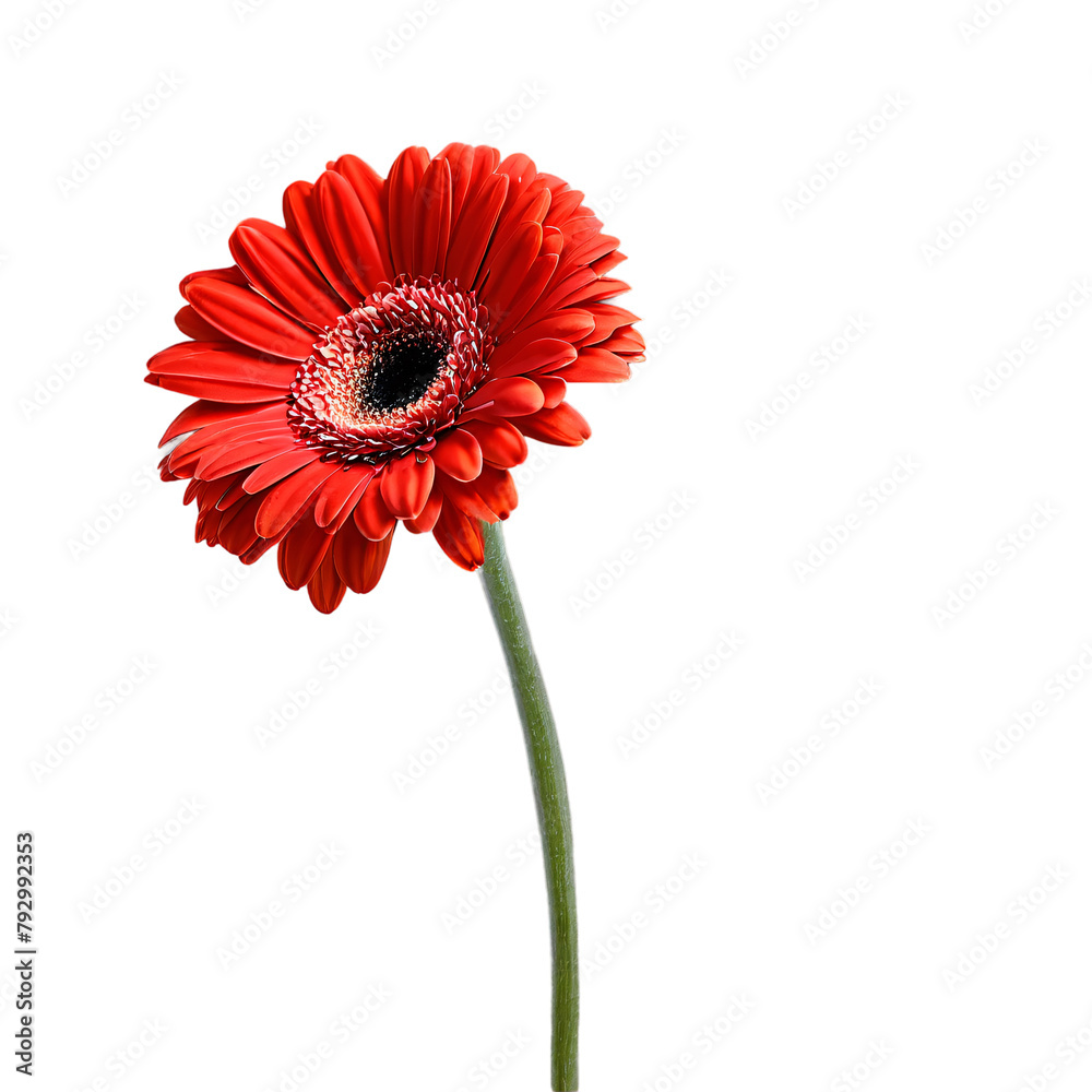 Close up macro photo of red gerbera flower with stem transparent isolated