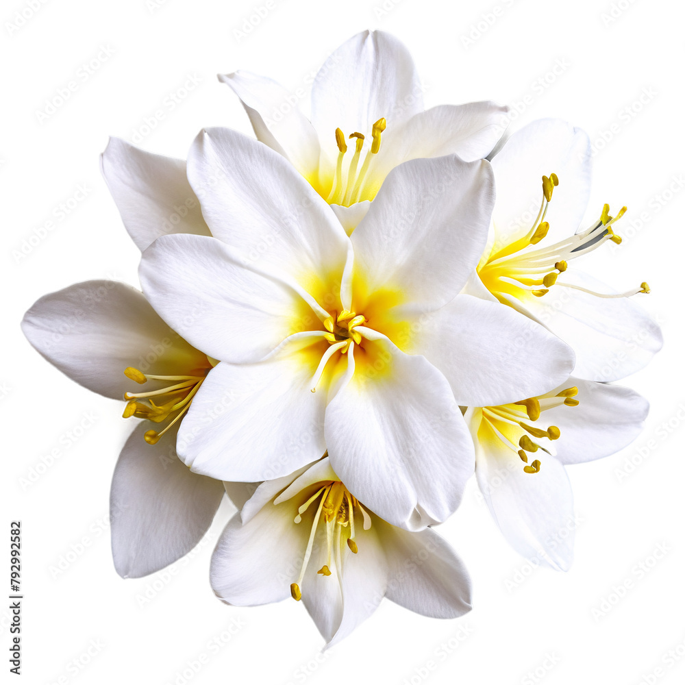 Close up macro photo of white jasmine flowers transparent isolated Close up macro photo of white jasmine flowers transparent isolated