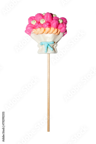 Lollipop on a stick in the form of a bouquet of flowers.Lollipop on a white background. © begun1983