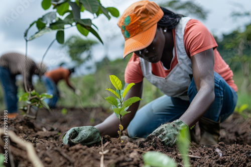 Environmental activists engage in tree planting within areas affected by deforestation, highlighting the critical role of reforestation in addressing climate change photo