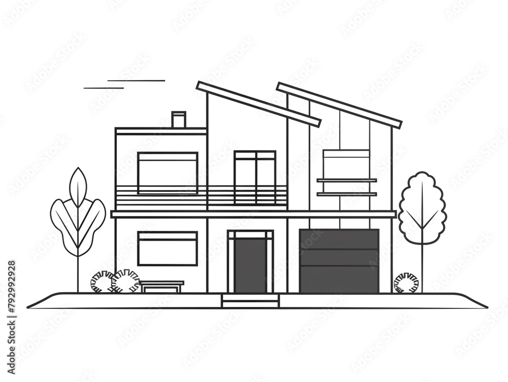 Fototapeta premium Outline icon of façade of modern house. Two floors with white background.