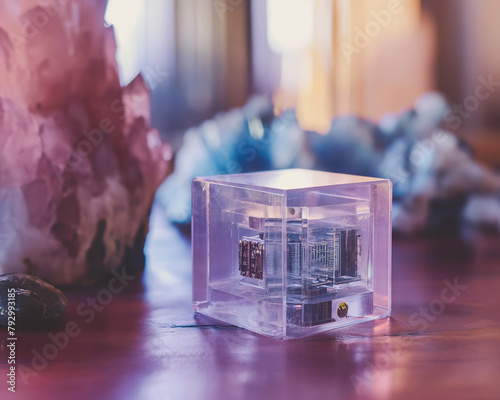 A generic electric healing device in a crystal cube on a table with healing crystals photo