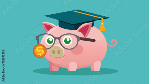 An oldfashioned piggy bank with glasses and a graduation cap symbolizing the value of starting to save for retirement early.