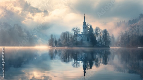 Gentle Morning Mist Wrapping Around a Fairytale Castle Magical Realism in a Dreamy Landscape
