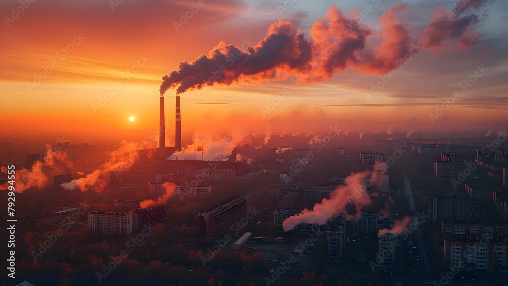 CO2 emissions from power plants contribute to global warming and urban pollution. Concept Global Warming, Urban Pollution, CO2 Emissions, Power Plants, Environmental Impact