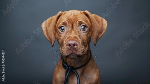 A charming brown puppy surrounded by an extension cord captivates in a close up indoor studio photo embodying the concept of caring for pets