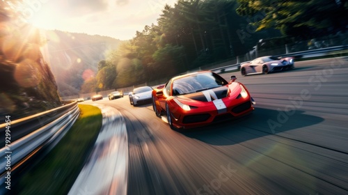 Intense competition as sleek sports cars vie for the lead on a winding road photo