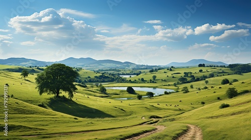 Pastoral Landscape with Rolling Hills and Grazing Sheep