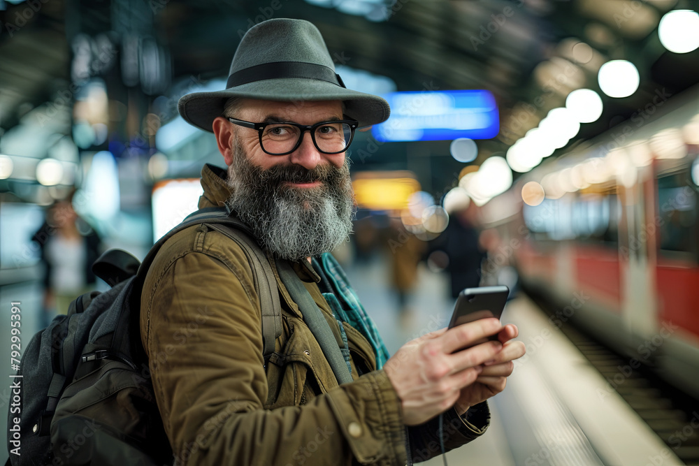 Bearded gentleman smiling as he checks his smartphone at a train station