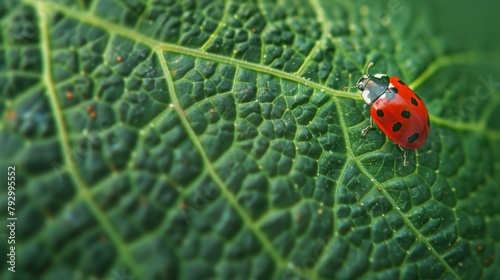 Macro shot capturing a ladybug exploring the intricate veins of a leaf