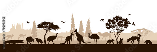 Australian panorama with silhouettes of wild animals. Vector illustration.