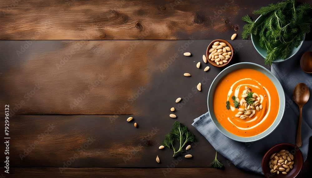 Carrot puree soup with cream and pine nuts. Vegan food. Top view. Free space for your text.
Carrot puree soup with cream and pine nuts. Vegan food. Top view. Free space for your text.